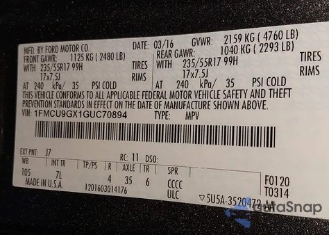 2016 Ford Escape Se from USA, damaged, VIN 1FMCU9GX1GUC70894